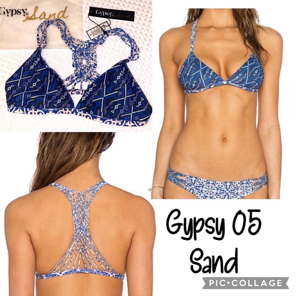 NEW! GYPSY 05 SAND Bikini Size Small Crochet Racerback Top Blue Multi Tile Print
